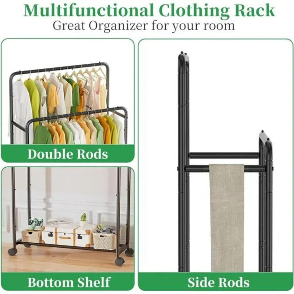 Rolling Clothes Rack Double Rod Garment Rack with Wheels Metal Black - Picture 3 of 7